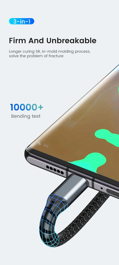 3-in-1 100W 6A Fast Charging Cable — USB to Type-C, Micro, Lightning for iPhone 13–16, Samsung, Xiaomi, Huawei