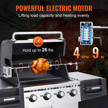 SucceBuy Universal Grill Rotisserie Kit — Stainless Steel Electric BBQ Grill with 9W Motor, Automatic Grilling Set