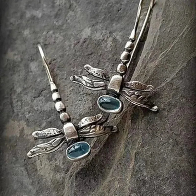Retro Dragonfly Dangle Earrings - Silver Color Jewelry with Blue Stone Inlay for Women Party & Engagement Fashion