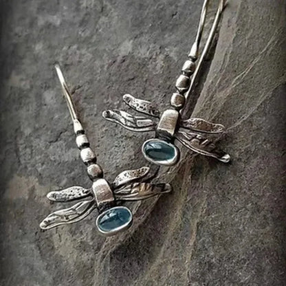Retro Dragonfly Dangle Earrings - Silver Color Jewelry with Blue Stone Inlay for Women Party & Engagement Fashion