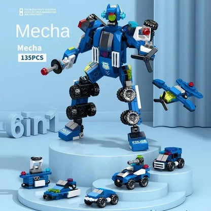6-in-1 Police Truck Mech Dinosaur Building Blocks - Tank, Helicopter & Fire Truck Educational Toy