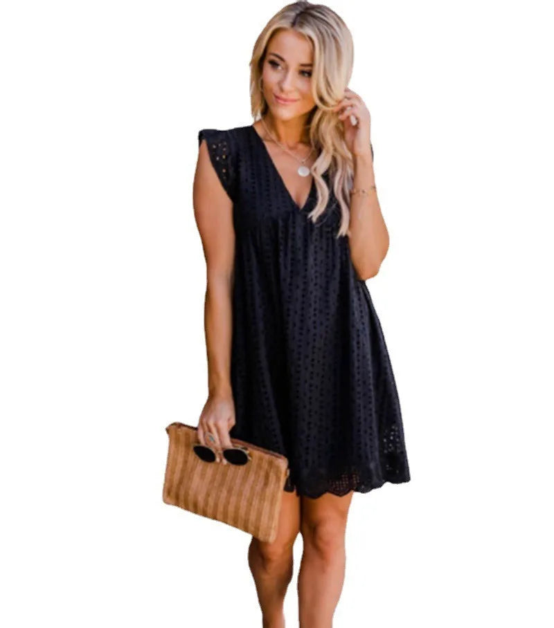 Women's Summer Lace Jacquard V-Neck Dress - Elegant Solid Color Hollow Out Casual Commuting Fashion Style