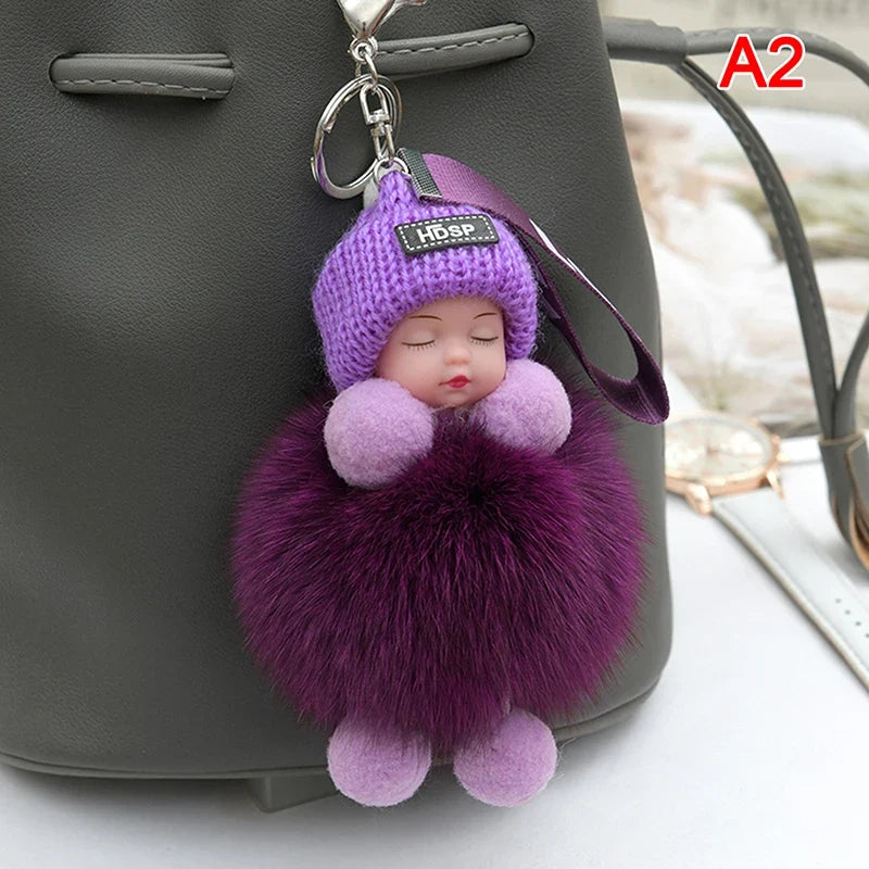 Cute Pompom Sleeping Baby Keychain - Fluffy Plush Doll Bag Charm, Key Ring & Gift for Women and Girls