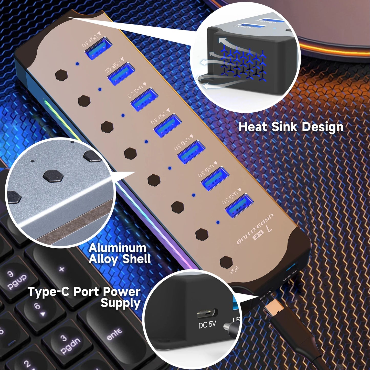 10-in-1 USB 3.0 Powered Hub — RGB E-Marker with Individual Switches & Heat Dissipation, DC 5V Adapter