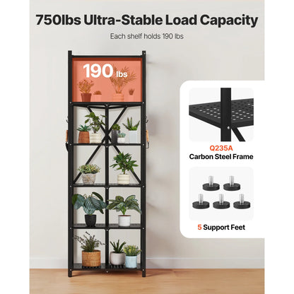 SucceBuy 3-6 Tier Black Foldable Storage Shelf — Wheeled Metal Rack Organizer for Kitchen & Garage