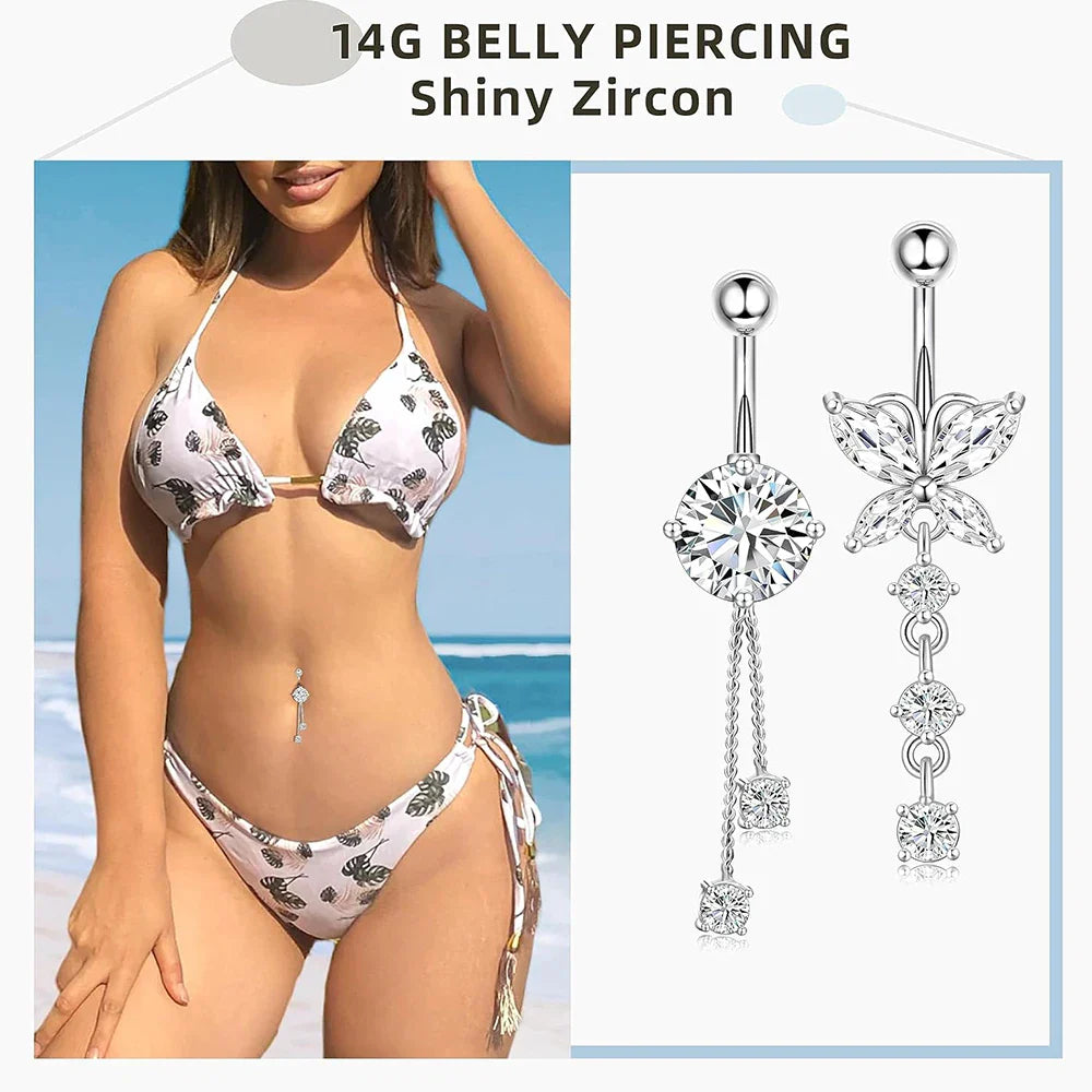 5PCS Belly Button Rings Set – 14G Butterfly & Heart Curved Navel Piercings for Women & Girls Body Jewelry