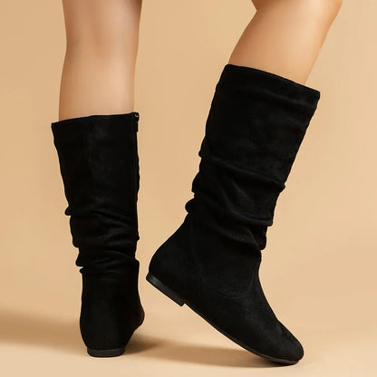 Pleated PU Women’s Fashion Boots – Casual Side-Zip Round Toe Flat High Solid Color Boots