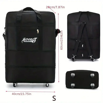 Foldable Trolley Travel Bag with Wheels – Expandable Black Luggage for Men & Women, Ideal for Weekend Trips & Overnight Travel