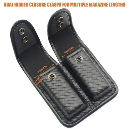 Tactical Black Basketweave Double Magazine Pouch - Leather Handgun Mag Holder with Snap Closure