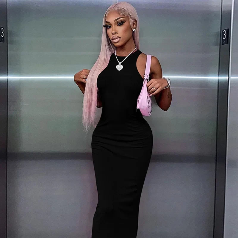 Hugcitar Ribbed Bodycon Maxi Dress - Y2K Sleeveless Sexy Club Party Streetwear Outfit for Women