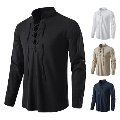 Men’s Cotton Linen Long Sleeve Shirt - Vintage Casual Drawstring Neck Shirt for Spring & Autumn