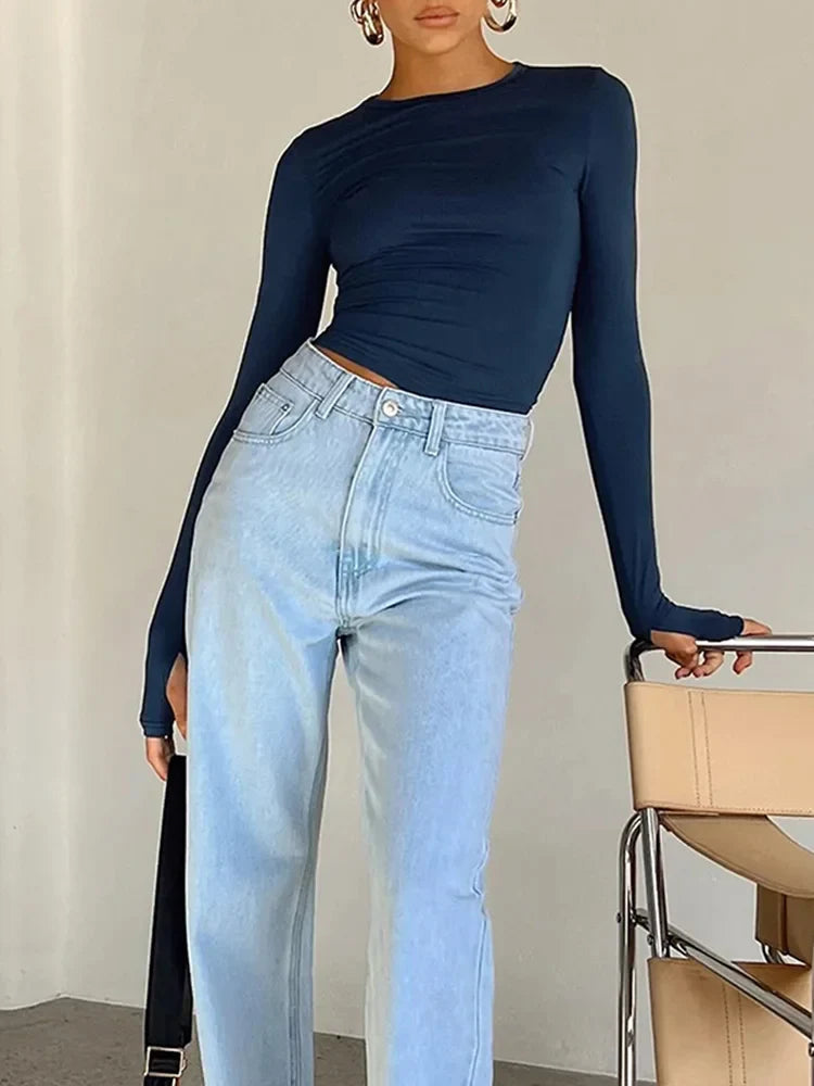 Women’s Slim Fit Long Sleeve Crop Top – Crew Neck Thumb Hole T-Shirt, Solid Streetwear Basic Summer Camis Top