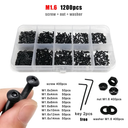 M1.6-M8 Black Grade 10.9 Steel Allen Hexagon Screw Bolt Nut Washer Kit – Round Head Set Box