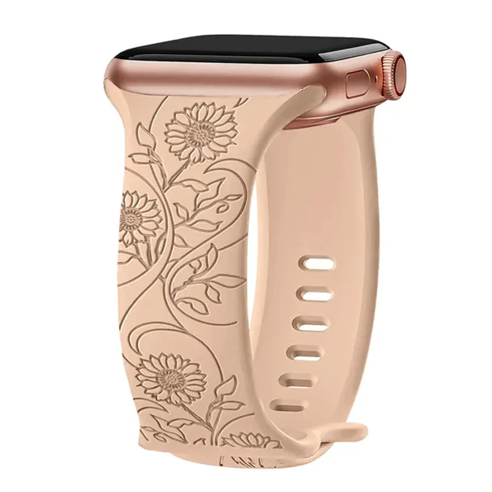 Floral Engraved Strap for Apple Watch Band - 44mm, 42mm, 41mm, 40mm, 45mm, 49mm - Correa Bracelet for iWatch Series 9, 7, SE, 6, 8, Ultra 2