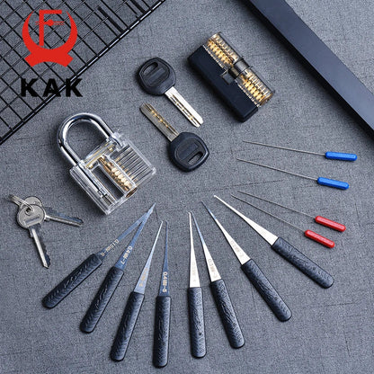 KAK Transparent Practice Padlock Set - Cutaway Training Lock with Broken Key Extractor Hooks and Locksmith Tools