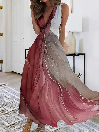 Women's Summer V Neck Maxi Dress - Sleeveless High Waist Elegant Print Dress for Office & Holiday Wear