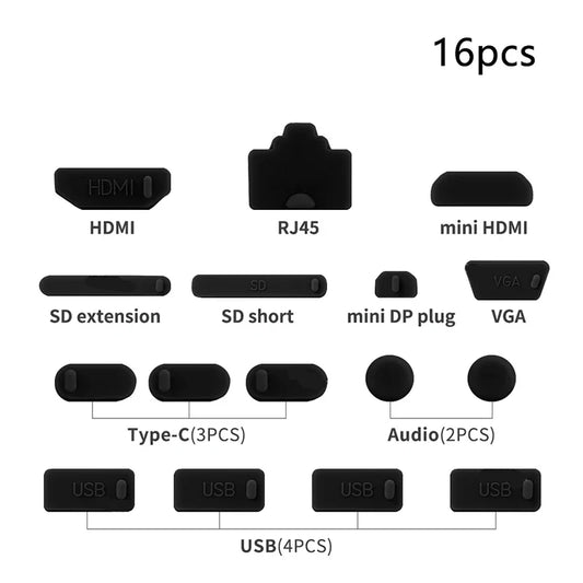 16PCS Silicone Dust Plug Set - Waterproof Anti Dust Covers for USB Type C Laptop & Device Ports