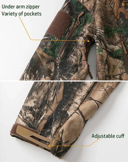 Men’s Silent Soft Shell Tactical Jacket | Waterproof, Warm Fleece Camouflage Hunting & Outdoor Hooded Coat