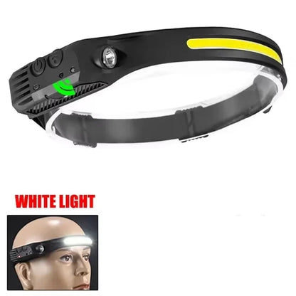 USB Rechargeable LED Sensor Headlamp - XPE + COB Head Torch Flashlight for Camping, Fishing & Outdoor Search Lighting