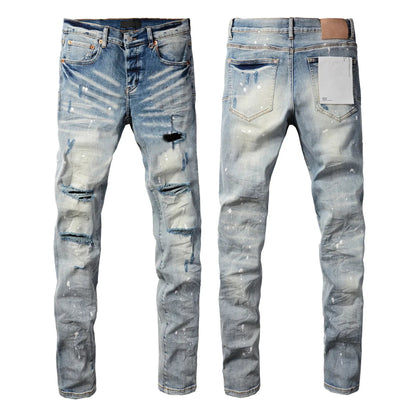 2025 Men’s High Street Ripped Skinny Jeans — Low Rise Blue Distressed Denim Fashion Repair Trousers 9003