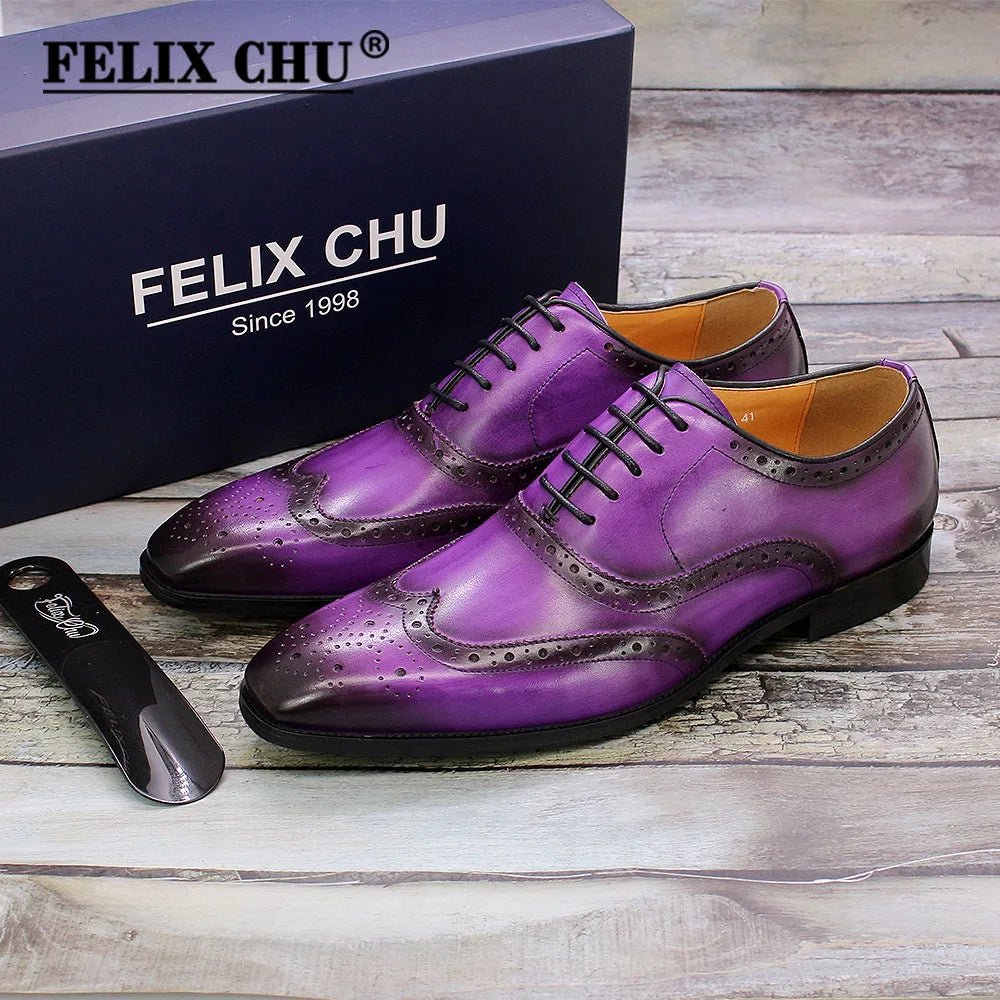 Men's Handmade Wingtip Oxford Shoes - Genuine Calfskin Leather Brogue Dress Shoes
