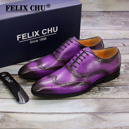 Men's Handmade Wingtip Oxford Shoes - Genuine Calfskin Leather Brogue Dress Shoes