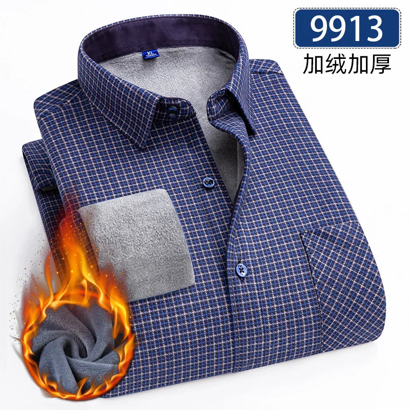 Men’s Fleece Plaid Shirt - Warm Thick Long Sleeve Business Check Shirt with Single Pocket for Autumn & Winter