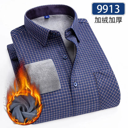 Men’s Fleece Plaid Shirt - Warm Thick Long Sleeve Business Check Shirt with Single Pocket for Autumn & Winter