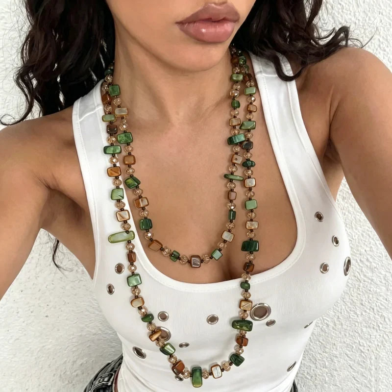 Bohemian Natural Stone Necklace - Handmade Double Layer Crystal Bead Long Chain Jewelry Gift for Women