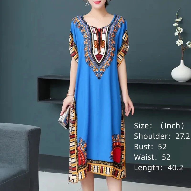 Women’s Bohemian Floral Tunic Dress - Retro Ethnic Print Batwing Sleeve Loose Summer Maternity Streetwear