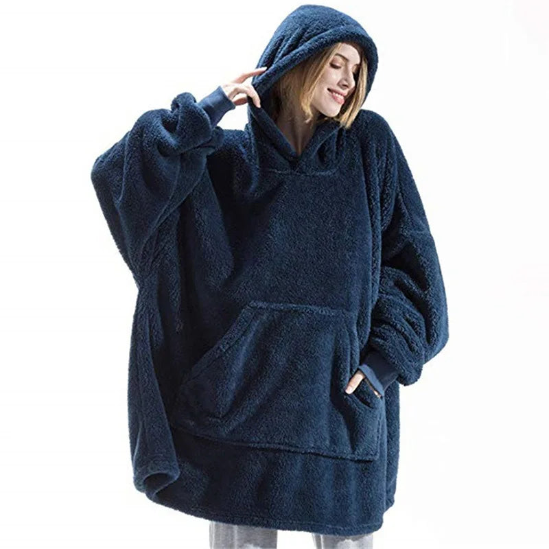 Women’s Winter Hooded Fleece Jacket – Thick, Warm, Solid Color Pullover with Pockets, Elegant Unisex Long Hoodie for Home Wear
