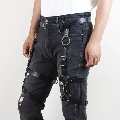 Men's Punk Leather Thigh Harness - Garter Belt with Adjustable Leg Rings for Gothic Fashion