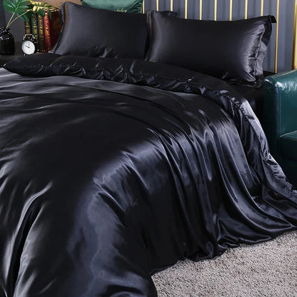 Silk Bedding Set With Duvet Cover - Luxury Satin Bed Sheet Pillowcase Set Solid Color King Queen Twin Size