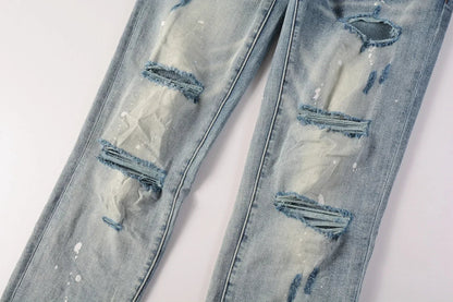 2025 Men’s High Street Ripped Skinny Jeans — Low Rise Blue Distressed Denim Fashion Repair Trousers 9003