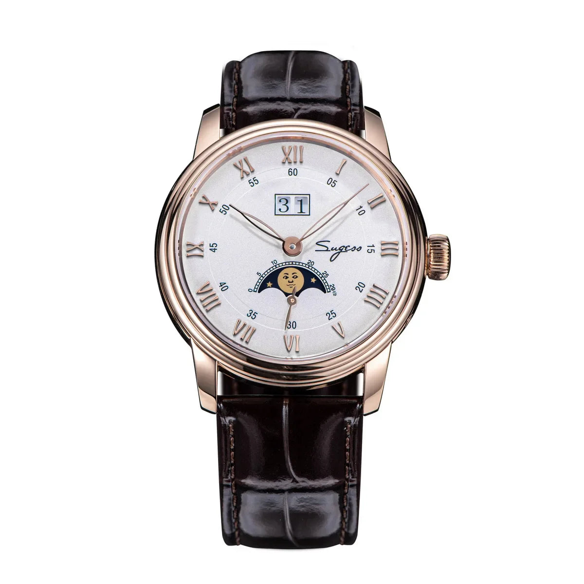 Sugess Moonphase Men’s Automatic Mechanical Watch — 40MM Stainless Steel with Seagull ST2528 Movement and Blue Sandstone Dial