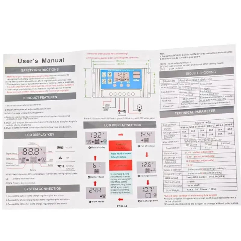 Solar Charge Controller - 12V/24V PV Regulator with LCD Display Dual USB 5V Output Load Discharge for Solar Panels