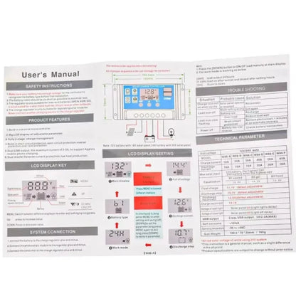Solar Charge Controller - 12V/24V PV Regulator with LCD Display Dual USB 5V Output Load Discharge for Solar Panels