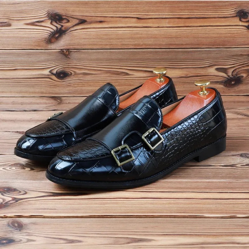 Men's Crocodile Grain Leather Loafers - Buckle Casual Wedding Party Moccasins & Comfortable Driving Flats