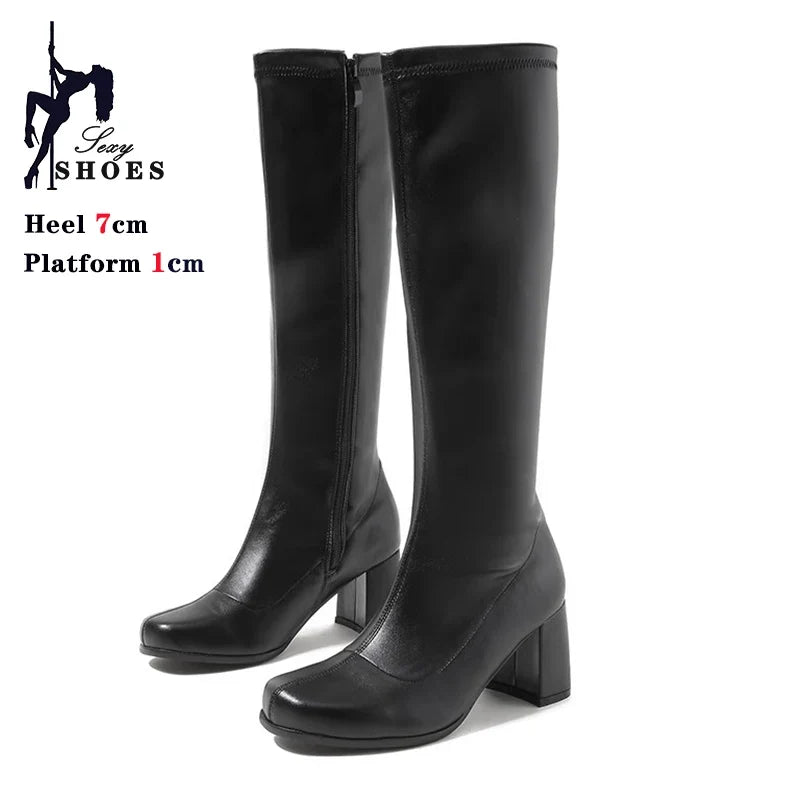 Women’s 7cm Retro Gogo Boots - 60s 70s Knee-High Square Heel Party Boots with Zip Size 44-45