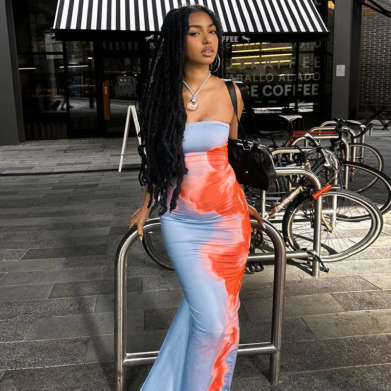 Women’s Strapless Printed Maxi Dress - Off Shoulder Backless Stretch Summer Beach Y2K Sundress