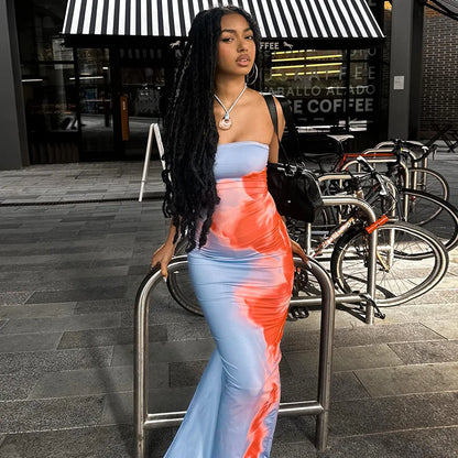 Women’s Strapless Printed Maxi Dress - Off Shoulder Backless Stretch Summer Beach Y2K Sundress
