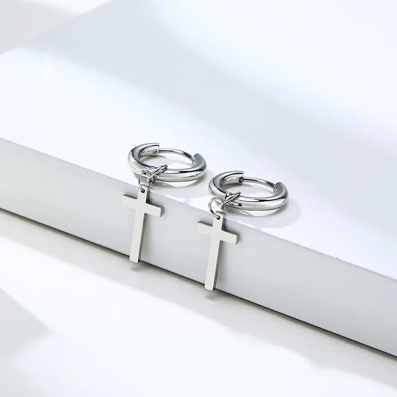 Stainless Steel Cross Charm Earrings - Men's Fashion Jewelry