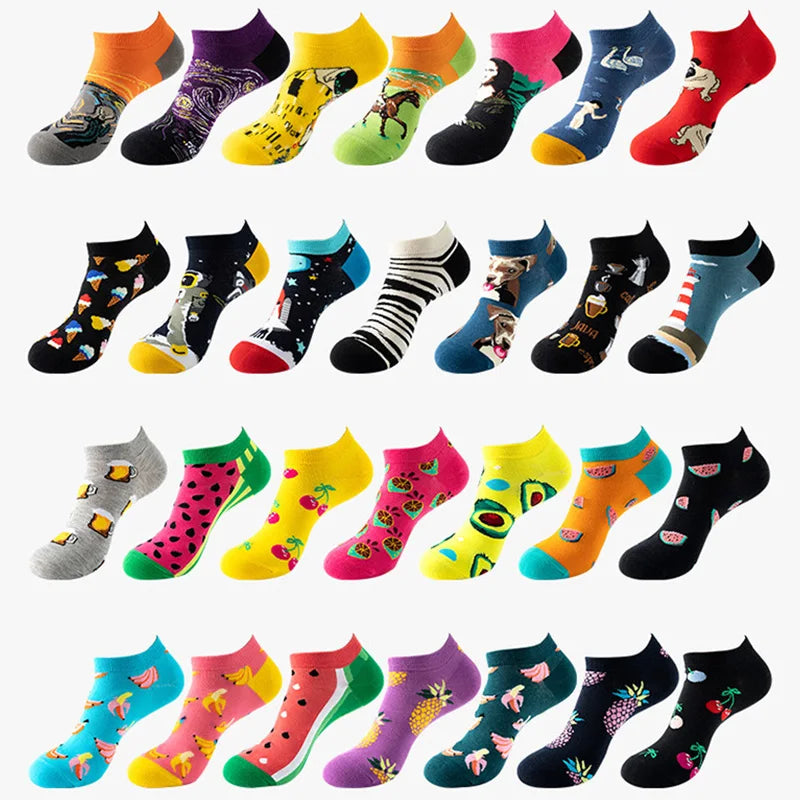 40-Style Colorful Cotton Ankle Socks – Fashion Novelty Short Socks for Men & Women, Funny Animal, Food & Avocado Casual Designs