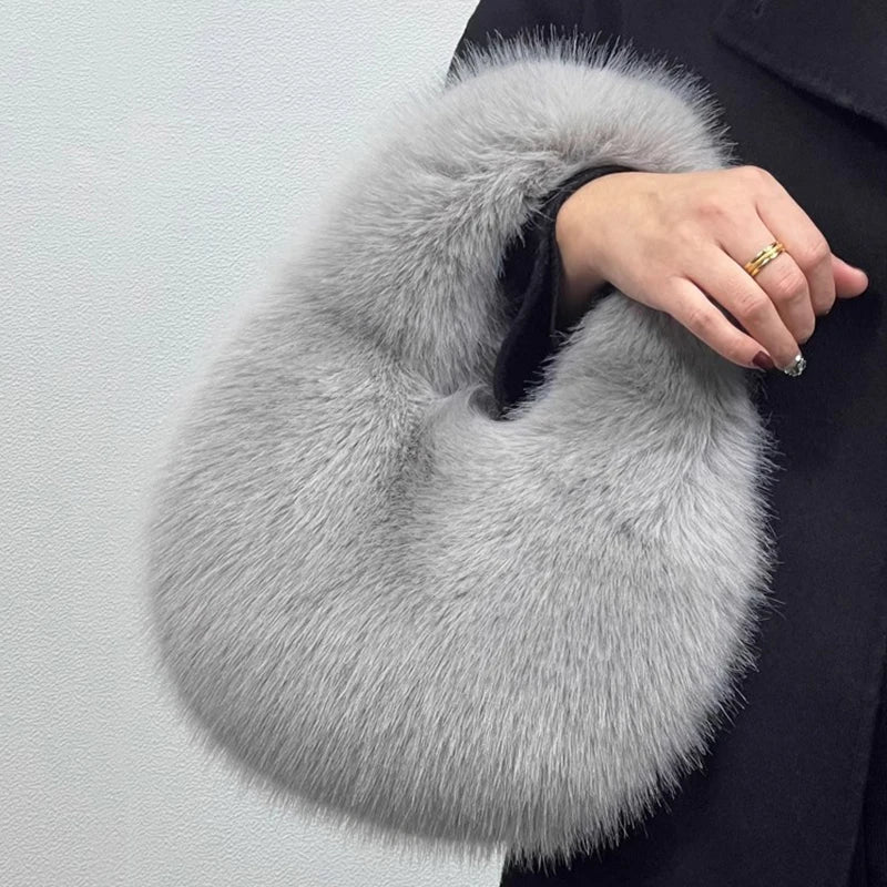 Plush Half Moon Bag - Soft Faux Fur Women's Handbag Winter Luxury Shoulder Purse