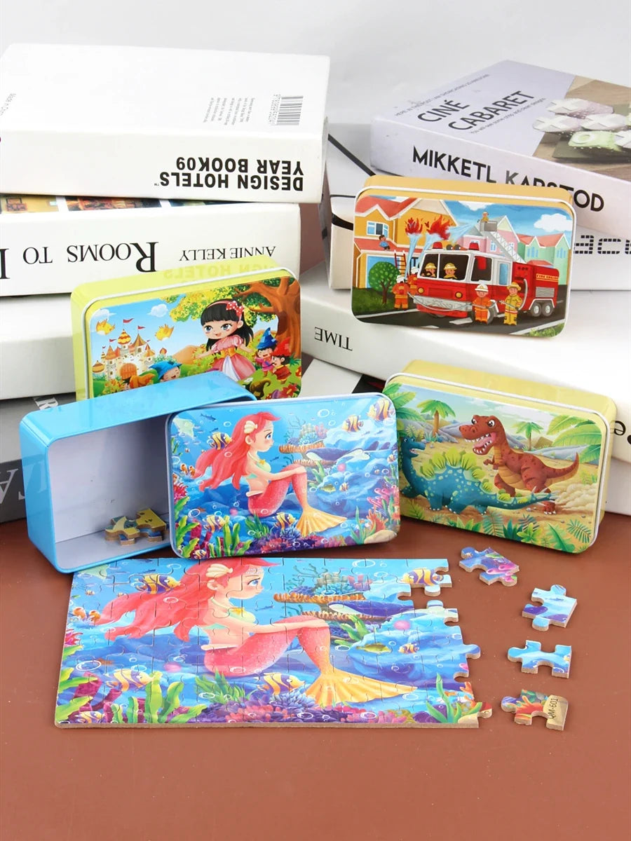 60 Piece Wooden Puzzle Toy Set - Cartoon Vehicle & Animal Jigsaw Educational Learning Gift for Kids