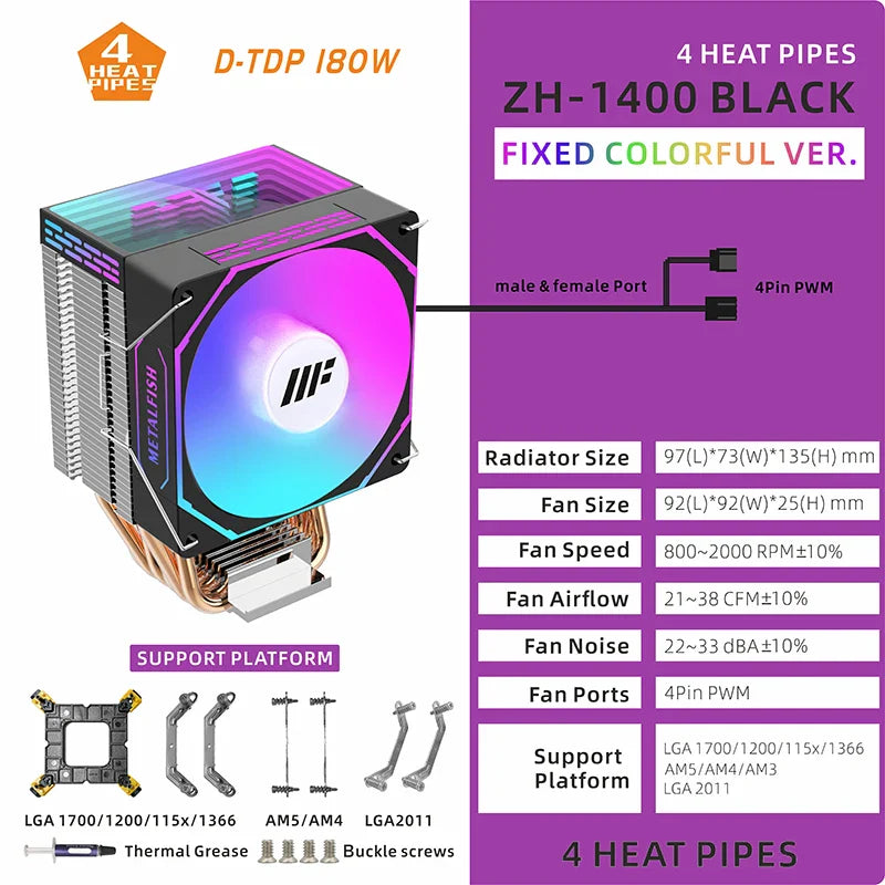 METALFISH ZH1400 ARGB CPU Cooler – 4 Heat Pipes PWM Silent Fan for Intel LGA1700/1200/115X & AMD AM5/AM4 High Performance Cooling