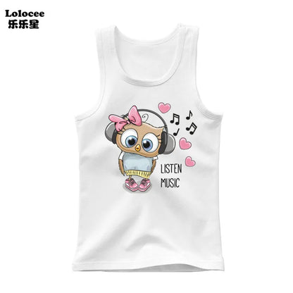 Girls Owl Print Tank Top - Sleeveless Cotton Sports Vest Shirt for Kids 3-14 Years
