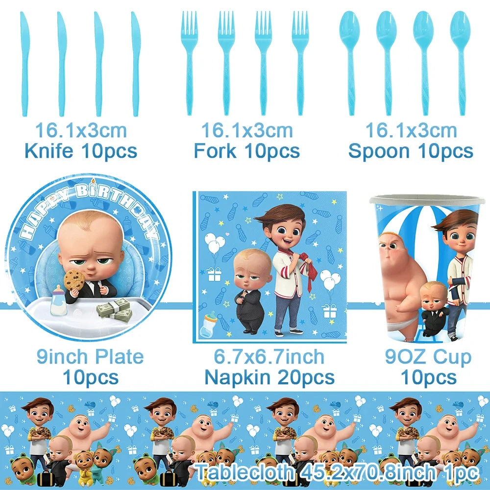 Cartoon Boss Baby Birthday Party Set - Disposable Tableware, Backdrop & Balloons for Kids Baby Shower Decor