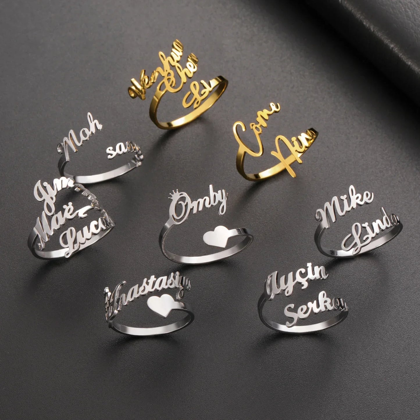 Custom Fishhook Double Name Finger Ring - Personalized Family & Couple Love Gift for Women & Men, Gold Stainless Steel Jewelry