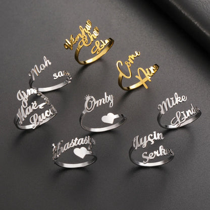 Custom Fishhook Double Name Finger Ring - Personalized Family & Couple Love Gift for Women & Men, Gold Stainless Steel Jewelry
